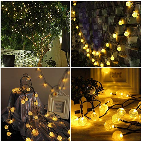 Guirnaldas Luces Exterior Solares, FOCHEA 7M Cadena de Bola Cristal Luz Impermeable 8 Modos de Iluminación para Jardín, Terraza, Boda, Fiesta, Patio, Árbol de Navidad (Blanco Cálido)