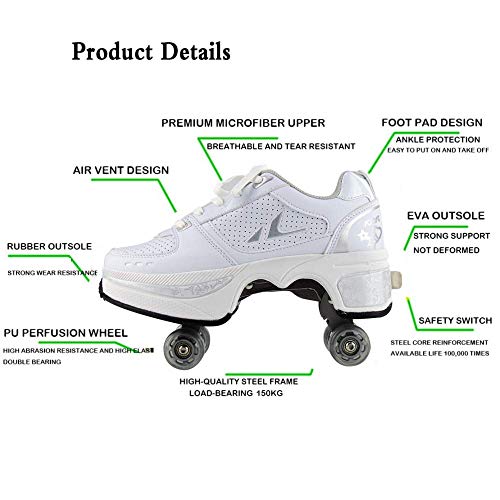 GUOXY Patines en línea, Quad Patín de ruedas Botas 2-en-1 Multi-Purpose zapatos, para los niños ajustable patines en línea unisex de los niños que andan en monopatín Zapatos,Blanco,40 / UK7