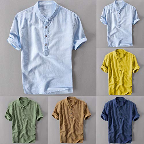 Gusspower Camiseta de algodón y Lino de Manga Corta para Hombre Camisas Retro holgadas de Color Liso Collar de pie Camisa de Playa Casual de Verano Tallas Grandes Fresco y Transpirable Tops Blusa