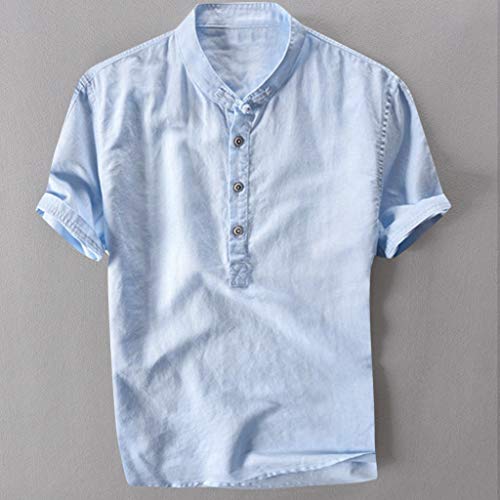 Gusspower Camiseta de algodón y Lino de Manga Corta para Hombre Camisas Retro holgadas de Color Liso Collar de pie Camisa de Playa Casual de Verano Tallas Grandes Fresco y Transpirable Tops Blusa