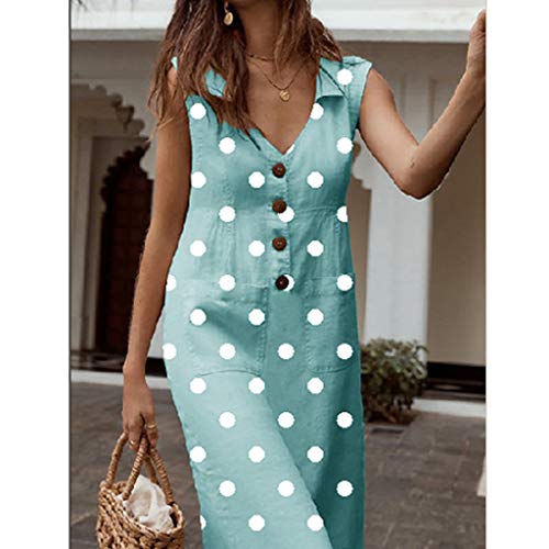 Gusspower Mujer Vestido Elegante Casual Playa Bohemio Dress Lunares Cuello V Sin Manga Midi Vestido de Fiesta Cóctel Falda Larga Vintage Vestido de botón de Solapa con Bolsillo Verano
