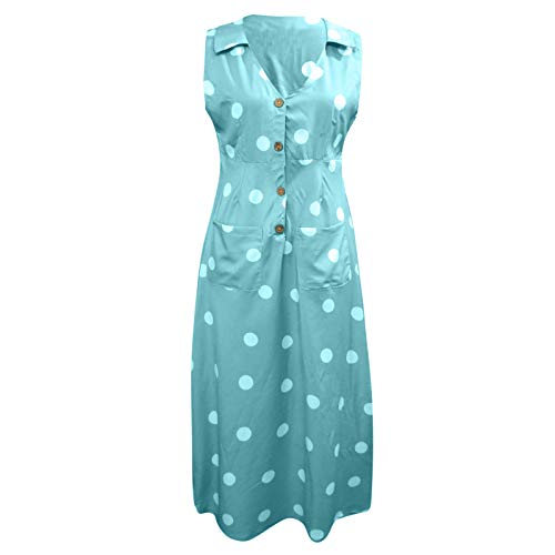Gusspower Mujer Vestido Elegante Casual Playa Bohemio Dress Lunares Cuello V Sin Manga Midi Vestido de Fiesta Cóctel Falda Larga Vintage Vestido de botón de Solapa con Bolsillo Verano