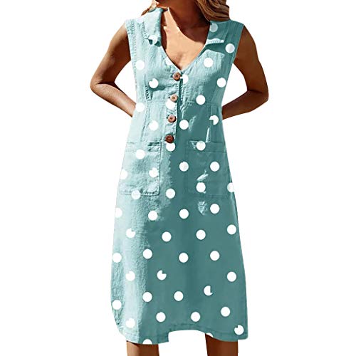 Gusspower Mujer Vestido Elegante Casual Playa Bohemio Dress Lunares Cuello V Sin Manga Midi Vestido de Fiesta Cóctel Falda Larga Vintage Vestido de botón de Solapa con Bolsillo Verano