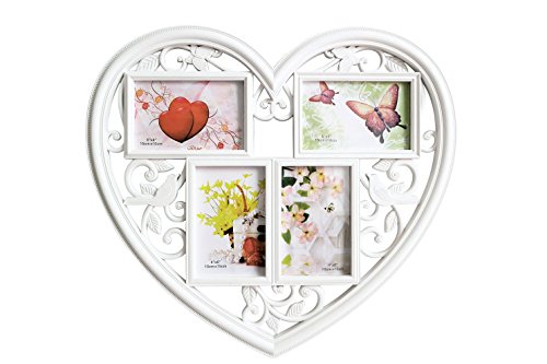 GUTEINTE Marco de Fotos de Pared con Forma de Corazón, Marco Múltiple para 4 Fotos De 4"X 6" / 10 X 15 cm - "Home & Love", Blanco Romántico