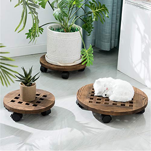 GuTen 10"/25cm Jardinera de Madera rodante Carrito Planta en Maceta Soporte de macetas Rack de Interior Maceta al Aire Libre Carrito con Ruedas giratorias de 360 ° Rolling Tray Coaster