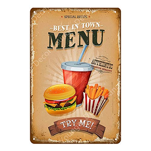 GUUTOP Menú de Comida rápida Retro Pan de Leche Pizza Brioche Plato de Metal Desayuno Almuerzo Cena Etiqueta de la Pared Cartel Tavern Cafe Hotel 30x20 cm