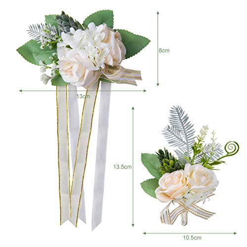 GWHOLE Kit de 2 Adornos Boda Ramillete de Muñeca y Broché con Flores Blanco para Boda Novia Novio, Decoraciones de Baile, Fiestas Graduación