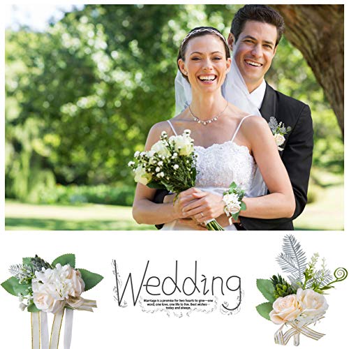 GWHOLE Kit de 2 Adornos Boda Ramillete de Muñeca y Broché con Flores Blanco para Boda Novia Novio, Decoraciones de Baile, Fiestas Graduación