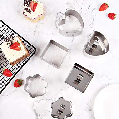GWHOLE Set de 5 Moldes para Pastel de Mousse, Arroz con Leche, Anillos con Tapa de Acero Inoxidable para Pudín Galletas Tiramisú Molde en Forma Corazón, Flor, Redondo, Cuadrado, Hexágono