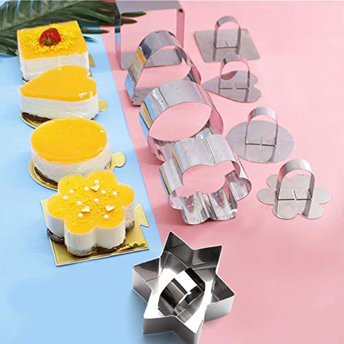 GWHOLE Set de 5 Moldes para Pastel de Mousse, Arroz con Leche, Anillos con Tapa de Acero Inoxidable para Pudín Galletas Tiramisú Molde en Forma Corazón, Flor, Redondo, Cuadrado, Hexágono
