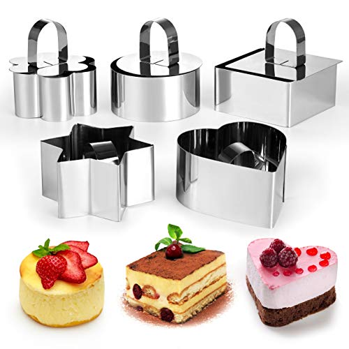 GWHOLE Set de 5 Moldes para Pastel de Mousse, Arroz con Leche, Anillos con Tapa de Acero Inoxidable para Pudín Galletas Tiramisú Molde en Forma Corazón, Flor, Redondo, Cuadrado, Hexágono