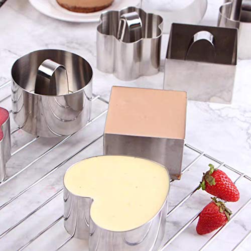 GWHOLE Set de 5 Moldes para Pastel de Mousse, Arroz con Leche, Anillos con Tapa de Acero Inoxidable para Pudín Galletas Tiramisú Molde en Forma Corazón, Flor, Redondo, Cuadrado, Hexágono
