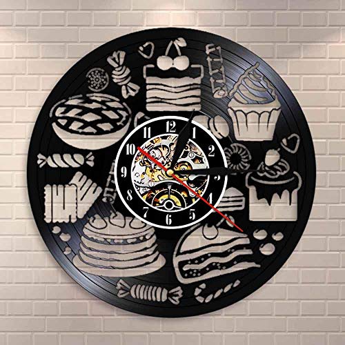 GZWSM Pan Dulces Magdalena Reloj de Pared Reloj de panadería Decoración de Pared Pastelería Disco de Vinilo Reloj de Pared Confitería Cocina Reloj Decorativo con LED