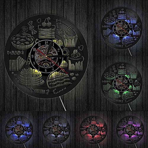 GZWSM Pan Dulces Magdalena Reloj de Pared Reloj de panadería Decoración de Pared Pastelería Disco de Vinilo Reloj de Pared Confitería Cocina Reloj Decorativo con LED