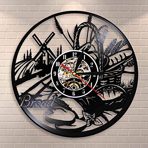 GZWSM Pan Trigo Arte de Pared Reloj de Pared Panadería Letrero Decoración de Pared Pastelería Vinilo Disco Reloj de Pared Cocina Reloj Decorativo Diseño Moderno con LED
