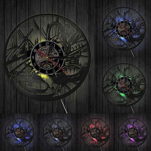 GZWSM Pan Trigo Arte de Pared Reloj de Pared Panadería Letrero Decoración de Pared Pastelería Vinilo Disco Reloj de Pared Cocina Reloj Decorativo Diseño Moderno con LED