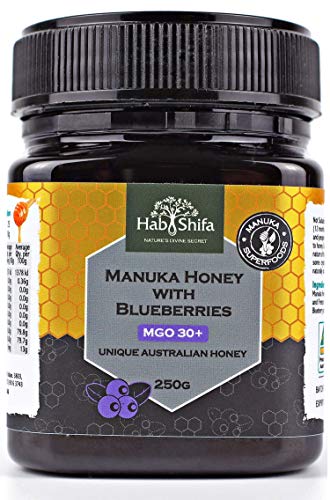 Hab Shifa Nature's Divine Secret Combinación única de miel australiana de Manuka Superalimento con polvo de arándanos secados con congelación añadida 30 + MGO 250 g (25 porciones)