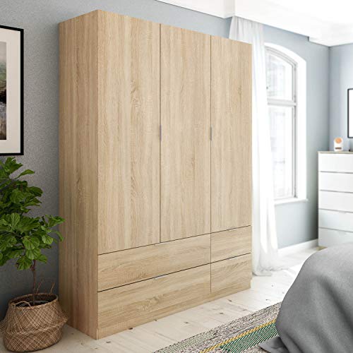 Habitdesign LCX453F - Armario Ropero 3 Puertas y 4 Cajones, Armario Habitación Dormitorio, Medidas: 200 cm (Alto) x 135 cm (Ancho) x 52 cm (Fondo)