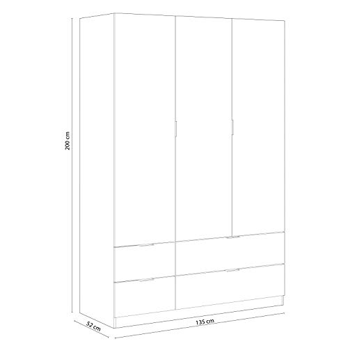 Habitdesign LCX453F - Armario Ropero 3 Puertas y 4 Cajones, Armario Habitación Dormitorio, Medidas: 200 cm (Alto) x 135 cm (Ancho) x 52 cm (Fondo)