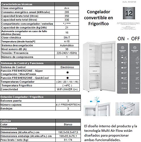 Haier Congelador Instaswitch H3F320WSAAU1 - Convertible congelador o frigorífico, Motor Dual Inverter, Total No Frost, A++, 330 L, Blanco