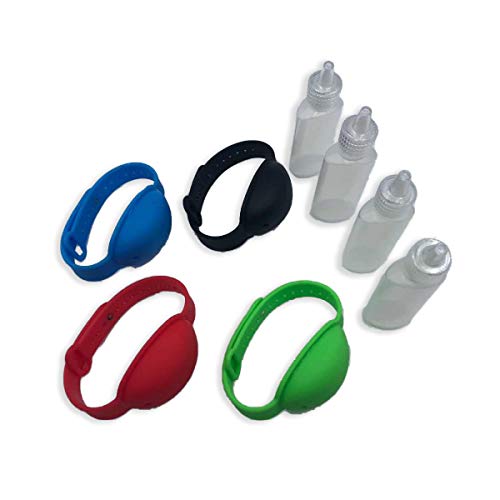 Haioo 4 Piezas Colores Aleatorios de Pulseras Dispensadoras de Gel Desinfectante de Manos con Botella para Recargar Distintos Colores Pulsera Dispensadora de Líquido de Silicona para Niños y Adultos