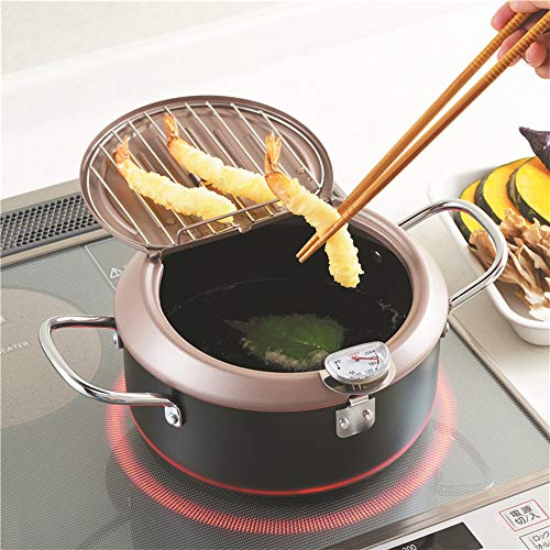 HAJKSDS Freidora De Acero Inoxidable, Freidora Tempura Estilo Japones, Freidora con Aceite con Termómetro Y Tapa, Mini Freidora