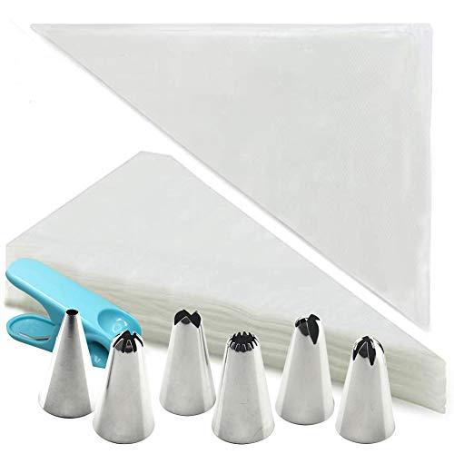 HAKACC 100 unidades. Manga pastelera grande desechable, con 6 boquillas de acero inoxidable para hornear y decorar tartas