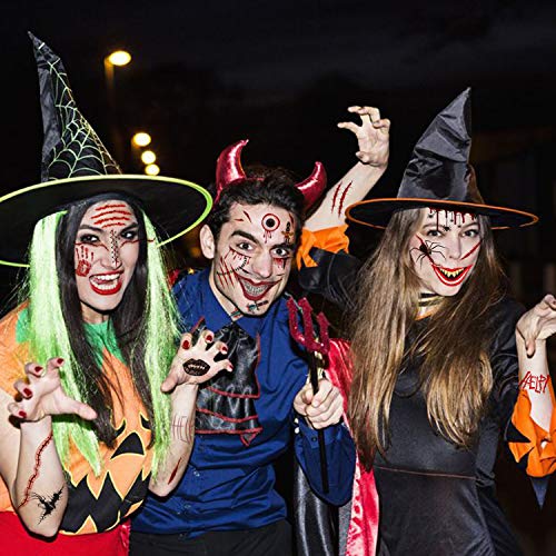 halloween tatuajes temporales cara (9 hojas), Konsait halloween mascarada Zombie Horror Cicatrices Heridas Esqueleto araña telaraña cara tatuajes Pegatinas para mujeres Hombres adultos Niños