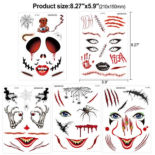 halloween tatuajes temporales cara (9 hojas), Konsait halloween mascarada Zombie Horror Cicatrices Heridas Esqueleto araña telaraña cara tatuajes Pegatinas para mujeres Hombres adultos Niños