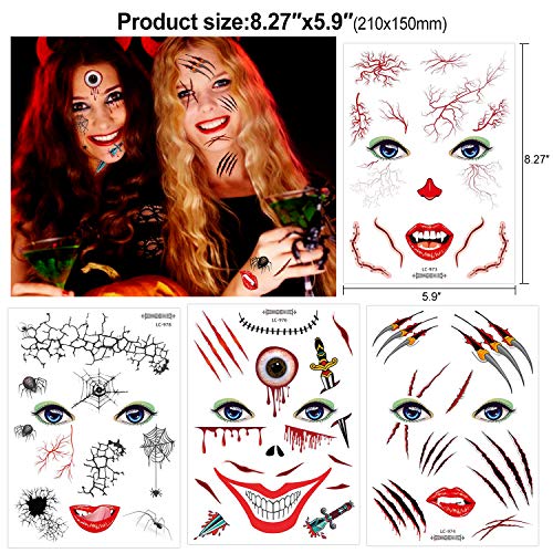 halloween tatuajes temporales cara (9 hojas), Konsait halloween mascarada Zombie Horror Cicatrices Heridas Esqueleto araña telaraña cara tatuajes Pegatinas para mujeres Hombres adultos Niños