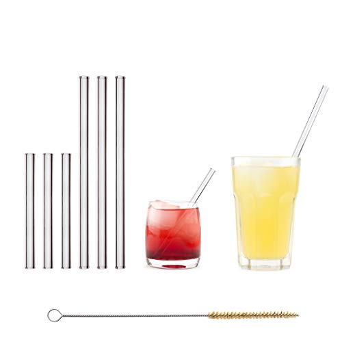 HALM Pajitas de cristal reutilizables ecológicas - 6 piezas, 2 tamaños - Pajitas + cepillo de limpieza ecológico - apto para lavavajillas - Sostenible - Pajitas de vidrio para cóctel, batido, smoothie
