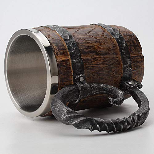Hamkaw Jarra de Cerveza de Acero Inoxidable con Mango, 550ml Simulación Barril de Madera Jarra de Cerveza de Doble Capa Vaso para Beber, Copa de Vino de Whisky Personalizada para Hogar/Fiesta/Bar