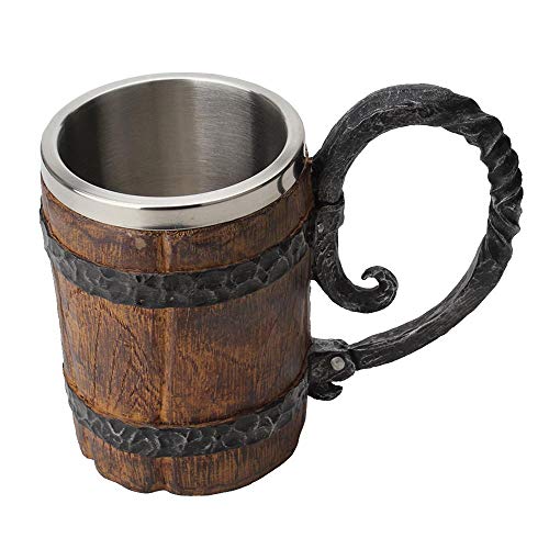 Hamkaw Jarra de Cerveza de Acero Inoxidable con Mango, 550ml Simulación Barril de Madera Jarra de Cerveza de Doble Capa Vaso para Beber, Copa de Vino de Whisky Personalizada para Hogar/Fiesta/Bar