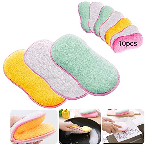 Hantier 10 Piezas de Cocina Doble Cara Esponjas de Fregado, Limpieza de Microfibras Antibacteriales Exfoliantes Esponjas para Limpiar Sartenes Ollas Utensilios de Cocina Color Aleatorio