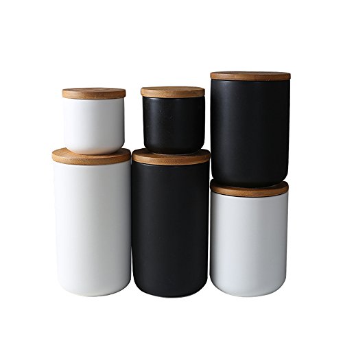 Haosens Tarros Cocina 260ml con Anillo Sellado y Tapa de Bambú, Cerámico Recipientes Almacenaje Cocina para Conservar Cafe, Te, Azucar, Sal, Especias (Blanco)