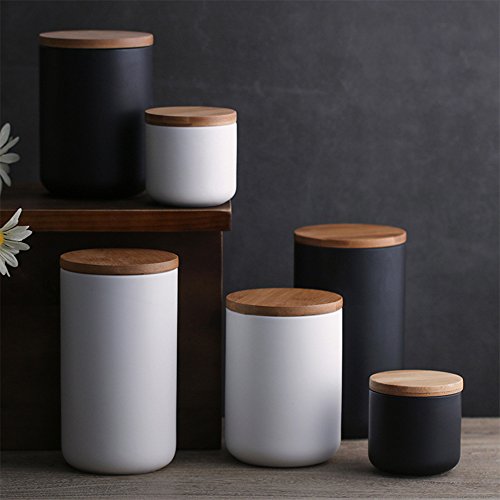Haosens Tarros Cocina 260ml con Anillo Sellado y Tapa de Bambú, Cerámico Recipientes Almacenaje Cocina para Conservar Cafe, Te, Azucar, Sal, Especias (Blanco)