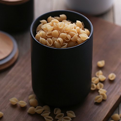 Haosens Tarros Cocina 260ml con Anillo Sellado y Tapa de Bambú, Cerámico Recipientes Almacenaje Cocina para Conservar Cafe, Te, Azucar, Sal, Especias (Negro)