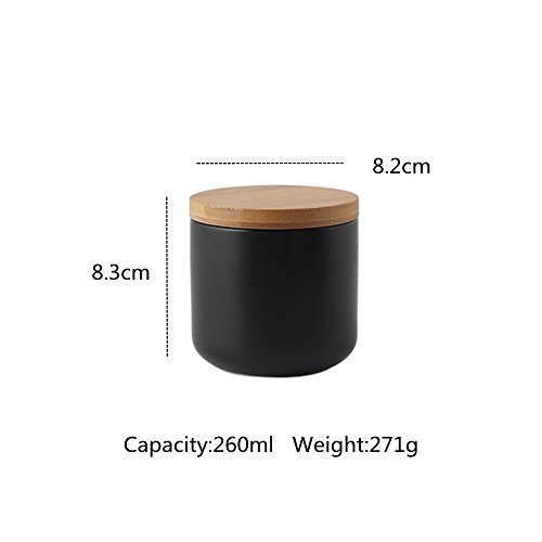 Haosens Tarros Cocina 260ml con Anillo Sellado y Tapa de Bambú, Cerámico Recipientes Almacenaje Cocina para Conservar Cafe, Te, Azucar, Sal, Especias (Negro)