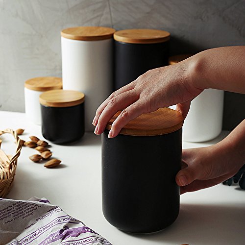 Haosens Tarros Cocina 260ml con Anillo Sellado y Tapa de Bambú, Cerámico Recipientes Almacenaje Cocina para Conservar Cafe, Te, Azucar, Sal, Especias (Negro)