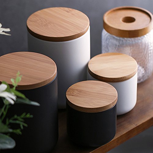 Haosens Tarros Cocina 260ml con Anillo Sellado y Tapa de Bambú, Cerámico Recipientes Almacenaje Cocina para Conservar Cafe, Te, Azucar, Sal, Especias (Negro)