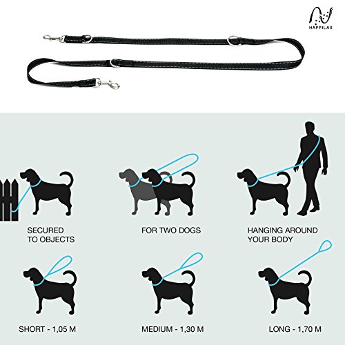 Happilax Correa perro multiposición, ajustable en 3 longitudes o doble para 2 perros, negra, 2 m