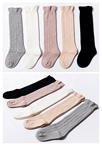Happy Cherry Calcetines Altas de Largo Medias Rodilla Stockings Leggings para Niñas Bebé de Encaje Antideslizante Elástico Algodón Blanco S 0-2 años