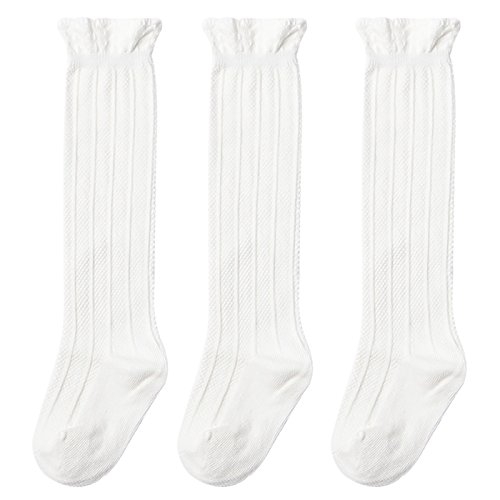 Happy Cherry Calcetines Altas de Largo Medias Rodilla Stockings Leggings para Niñas Bebé de Encaje Antideslizante Elástico Algodón Blanco S 0-2 años