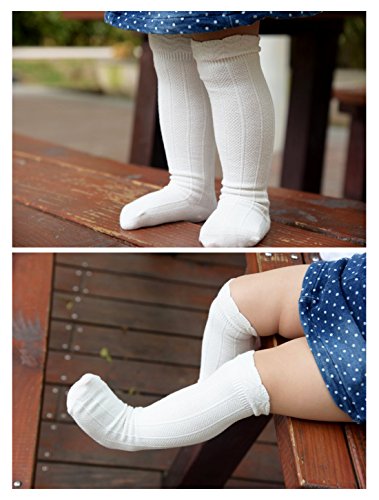 Happy Cherry Calcetines Altas de Largo Medias Rodilla Stockings Leggings para Niñas Bebé de Encaje Antideslizante Elástico Algodón Blanco S 0-2 años