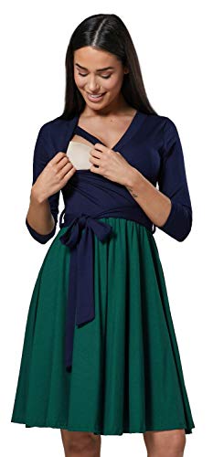 HAPPY MAMA Mujer Vestido Midi Amamantamiento Cuello en V 525 (Armada & Verde Oscuro, 44-46, 2XL)