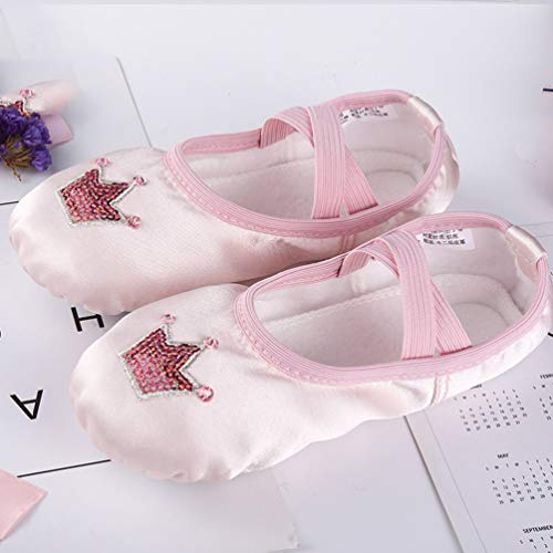 Happyyami 1 par de Zapatos de Ballet de Satén Zapatillas de Baile para Niños Zapatos de Yoga Elásticos Patrón de Corona para Niños Práctica de Baile Deportivo Talla Rosa 35
