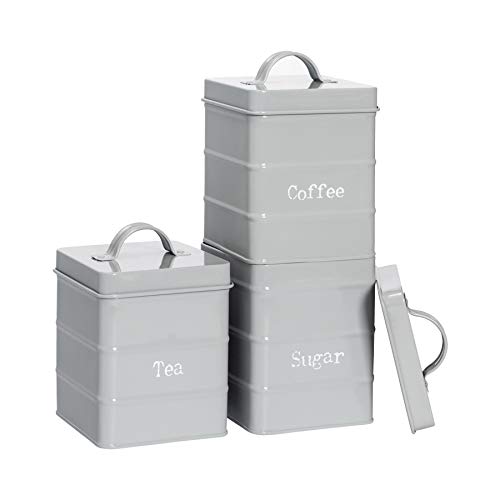 Harbour Housewares 3 Pieza Industrial té café azúcar Juego de Envases - Acero Estilo Vintage Cocina para Guardar Caddy con Tapa - Gris