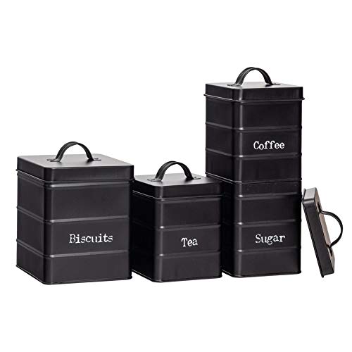 Harbour Housewares 4 Pieza Industrial Cocina para Guardar Objetos Juego de Envases - Acero Estilo Antiguo té café azúcar Caddy con Tapa - Negro