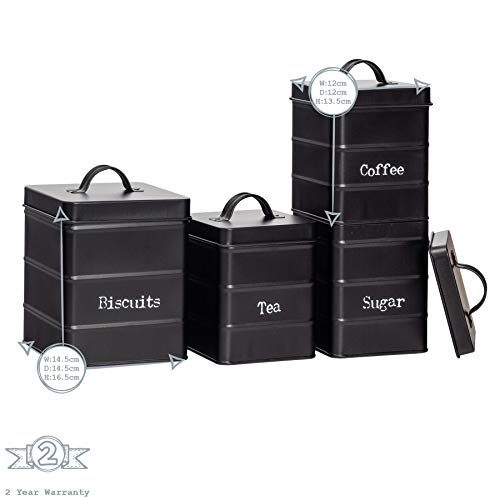 Harbour Housewares 4 Pieza Industrial Cocina para Guardar Objetos Juego de Envases - Acero Estilo Antiguo té café azúcar Caddy con Tapa - Negro