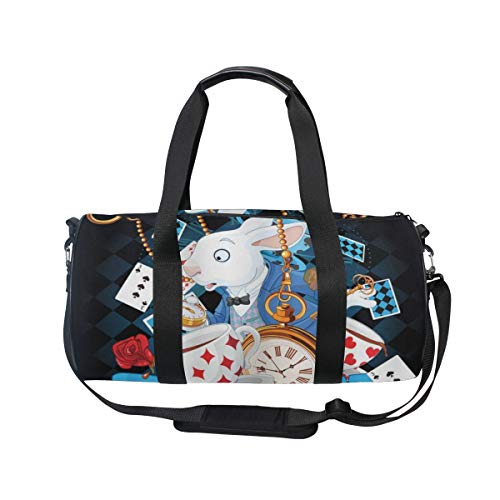 HARXISE Alicia en el país de las maravillas Conejo Movimiento Copas Corazones Flor Personaje Estilo de dibujos animados，Bolsa de equipaje de viaje Deporte Lienzo ligero Equipaje de fitness Desmontable